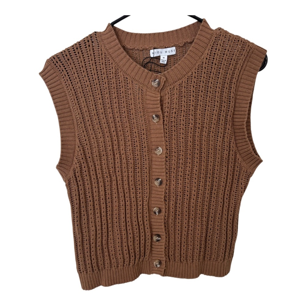 You Must Be Sleeveless Knit Button-Front Vest in Brown